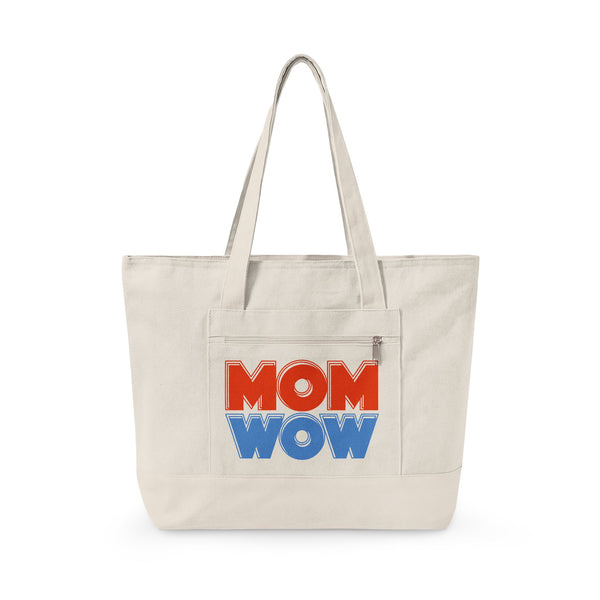 Mom Wow Zippered Canvas Tote — Retro Bold Mom Gift Tote Bag